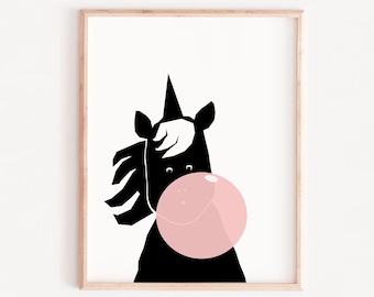 UNICORN KIDS PRINT, Unicorn Girl, bubble gum Kids Room Wall Decor, Monochrome Print, Black  White Modern Kids Poster, Childrens Nursery Art