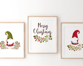 SET OF 3 Christmas Gnomes, Christmas Home Decor, Holiday Decor, Christmas Elf, Merry christmas Nordic Gnome, Watercolor Christmas Painting