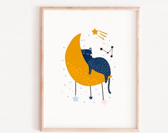 Sleeping cat, sweet dreams print, Cute cat print, Cat wall art, Animals print, Cute animals, Nursery wall art, Nursery decor, Art for kids