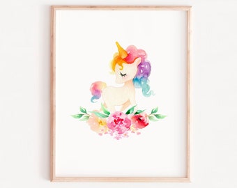 Girls unicorn wall art,Unicorn Nursery Print, nursery girl wall decor, floral nursery decor, Baby animal Print, Safari Nursery Art , rainbow