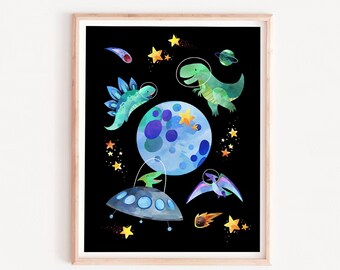 Space Dinosaur Nursery Print: boys wall art, Dinosaurs in Space (Digital Download)