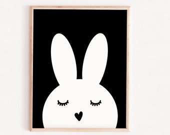 Bunny girls printable art, SWEET BUNNY, nursery decor, Illustration, nursery printable, black and white nursery art, kids room art, trendy