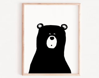 Bear nursery wall art, modern kids prints, Monochrome prints, Kids room decor, Black and white prints, playroom decor, bear wall art, retro