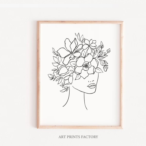 Plant Head Woman Print,  Woman With Plants on Head , Flower Woman printable, Woman line art, Flower Head Print, modern Line Drawing Woman