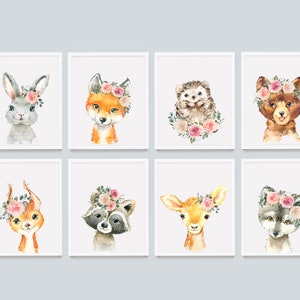 Woodland Prints Set of 8 Baby Animals Nursery Wall Art – Bunny, Bear, Fox, Fawn & Raccoon Posters for Girls Room Decor