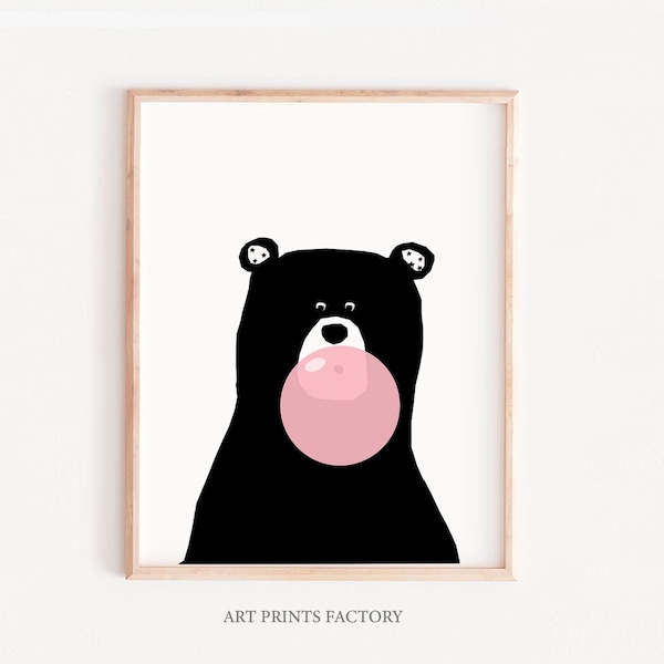 Bubble gum Bear Print, Woodland Nursery Decor, Black White Nursery, Bear Wall Art, Girls Nursery Decor, Modern Minimal Animal,MODERN NURSERY