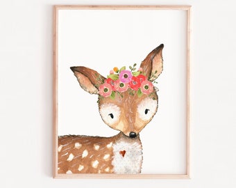 Deer Watercolor Print, baby girl art, Baby Deer Painting,Fawn Painting, Deer Illustration, FLORAL Deer Art,  Nursery Art, girl bedroom print