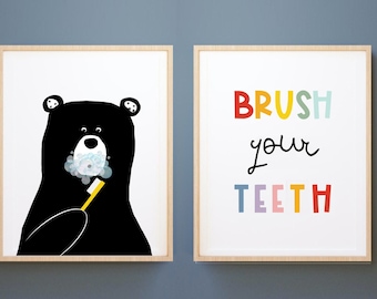 Bear & Brush Your Teeth Kids Bathroom Art Prints (Digital Download)