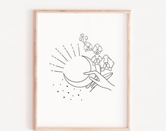 Line drawing print, Hands with moon, Celestial line art, Line hands poster, floral line art, Line art prints, Hands holding, Fine art prints