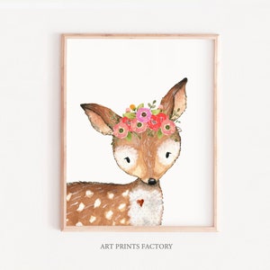 Reh Aquarell Druck, Baby-Kunst, Baby Reh Malerei, Rehkitz Illustration, FLORAL Deer Art, Kinderzimmer Kunst, Mädchen Schlafzimmer Druck