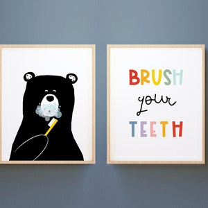 Cute  Kids Wall Art, Bear Bathroom decor, Brush your teeth print, Printable kids art, Bathroom printables, Night time Routine,Brushing teeth