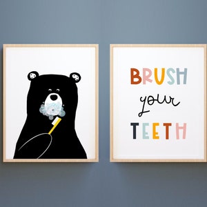 OSO cepillándose los dientes, decoración de pared de baño, impresiones de baño para niños, arte de baño imprimible, arte de pared de oso, póster para niños, impresiones de aprendizaje