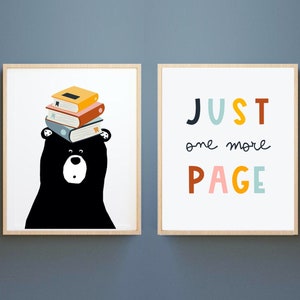 Set of 2 Prints, Read wall art, Playroom Printables, Kids Room Decor, Bear with books,Toddler Wall Art, Nursery Decor, one more chapter art