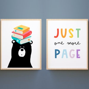 Set of 2, Just one more page, Nursery Prints, Nursery Decor, homeschool, Gender Neutral, Boho Nursery, Kids Prints, read prints rainbow,bear