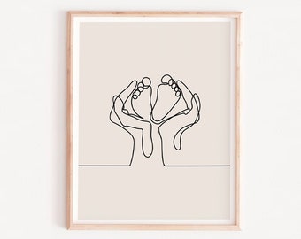 BABY ONE line drawing, Hands holding baby foot, Nursery Decor, One Line Drawing, Minimalist Kids Room Decor, Boho, Baby Feet Print, new baby