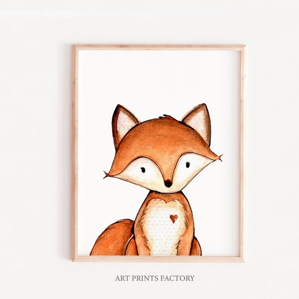 Fox wall art, kids printable art, trendy 2024 nursery rooms, children prints, watercolor wall art, woodland decor, woodland prints, foxy art