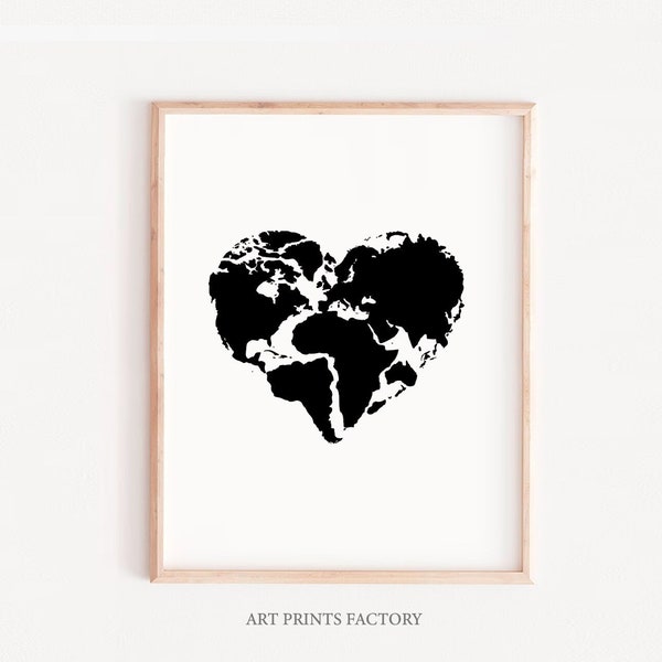 World Map HEART Print, 50% OFF World Map, black World Map, Watercolor World Map, Printable Art Print, Travel Poster, Travel Print, Nursery