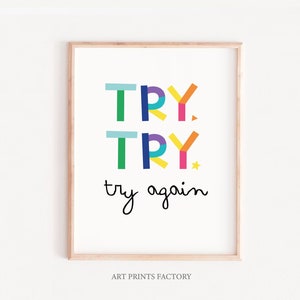 Motywacyjny wydruk do pokoju dziecięcego, TRY AGAIN Wydruk, Ściana, tęczowy inspirujący cytat, Motywacyjny, Pokój dziecięcy, Pozytywne wibracje, Parapetówka, lato