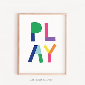 Póster para niños, arte para niños, póster de pared de guardería PLAY, color de sala de juegos, arte de juego, impresión de pared mínima, decoración para niños pequeños, arte de pared de arco iris, carteles