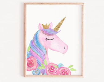 Girls wall printables, Bedroom Decor, Unicorn Nursery Wall Art Print, Whimsical Pink And Pastel  Poster, Printable Instant Digital Download