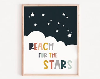 Reach For The Stars, kids Art Print, modern Print, Baby Boy Nursery, Kids Room Decor, Printable Wall Art, neutral colors, kids quotes print