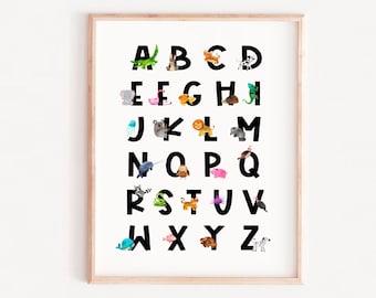 Stampa dell'alfabeto animale: decorazione murale per la cameretta dei bambini (download digitale), materiale didattico stampabile, decorazioni per la scuola