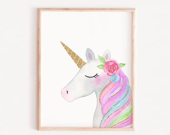 Unicorn Face Print, girl wall print, Gold Glitter, Unicorn Printable, Unicorn Nursery print, Unicorn Wall Art, nursery unicorn, girl artwork