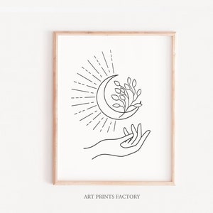 hands with moon Art Print, Line Art Woman Holding moon,floral Hands Line Drawing, Minimal wall print,  Abstract MOON Art , celestial print
