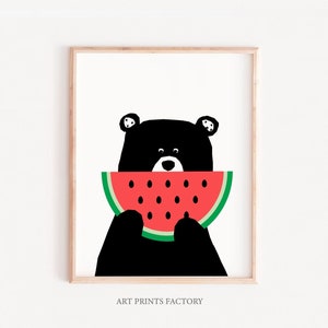 Watermelon Wall Print,Bear kids prints, Summer Printable, Digital Art Print, Kitchen Print, Nursery Print, Watermelon Wall Decor, bear Print