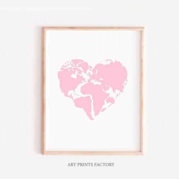 Pink Heart World Map Print, Nursery Wall Art (Digital Download)