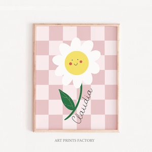 Daisy Wall Art, CUSTOM NAME, Girl Nursery Decor, Checkerboard Art, Girl Nursery Decor, Boho Nursery,Custom Name Print, Toddler Room Decor