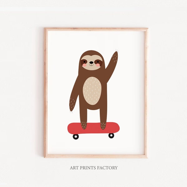 Sloth print - Sloth wall art - skate  sloth art - Kids room decor - Printable art - Digital art prints - Instant download art, sloth nursery