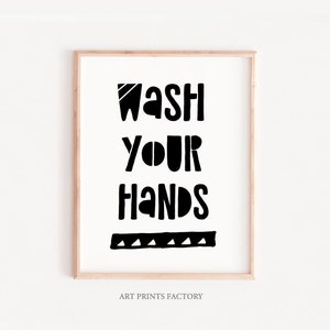 Bathroom wall decor, wash your hands, PRINTABLE art, monochrome print, kids sign Bathroom, Bathroom prints, school printable, home bathroom