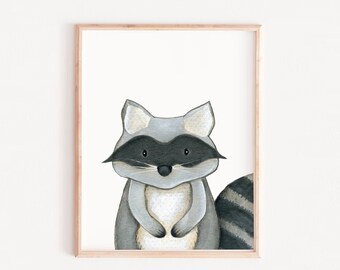 Watercolor Raccoon Print, Woodlands Nursery Decor (Digital Download)