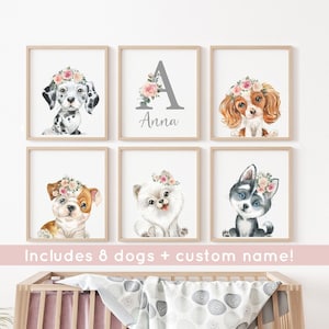 Dog Nursery Print, Custom name art, Baby Girl Nursery Wall Art, Pink Nursery Decor, Puppy Print, Printable art,Digital Download Art, girls