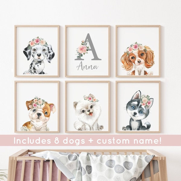 Dog Nursery Print, Custom name art, Baby Girl Nursery Wall Art, Pink Nursery Decor, Puppy Print, Printable art,Digital Download Art, girls