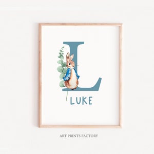 Carta de la guardería de Peter Rabbit, impresiones personalizadas de la guardería, impresión inicial, decoración de la habitación del bebé, regalo de baby shower, arte de la pared de la guardería, arte de la guardería azul