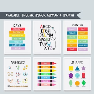 Kids prints, rainbow Wall Art, learning prints, Educational Prints for Bedroom, Playroom or Home School, classroom prints, ABC, numbers,days