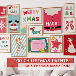 May include: A selection of framed Christmas prints featuring seasonal imagery such as a candy cane, a dachshund in a festive sweater, and a Santa Claus suit. The text "MERRY XMAS" and "SANTA THIS WAY" are displayed. The banner reads "100 CHRISTMAS PRINTS! Fun & Printable Bundle Pack!"