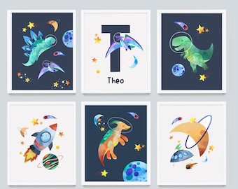 Dinosaur Space Nursery Art Prints: Custom Name, Set of 6 (Digital Download) boys printable