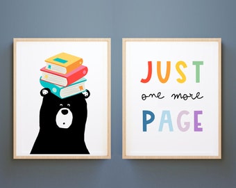 Set of 2, Just one more page, Nursery Prints, Nursery Decor, homeschool, Gender Neutral, Boho Nursery, Kids Prints, read prints rainbow,bear