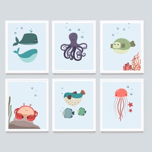 Unter dem Meer Kindergarten Kunst, Meerestiere Drucke, Ozean Kunst-Set, Seepferdchen, Fisch, Oktopus-Wand-Kunst, Kinder Kunstdruck-Set, Wale Kindergarten Kunst