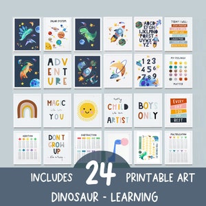 Conjunto de 24 artes para impressão, decoração de quarto de meninos, arte de parede de meninos, decoração de dinossauro, arte de parede de sala de jogos, arte de parede espacial, imprimíveis infantis, arte de berçário