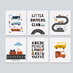 Set of 6 Transportation Prints, Vehicles Art Print, Printable Wall Art, Construction Nursery, Boys Room Decor, alphabet cars, little drivers