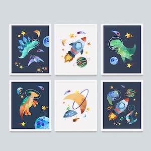 Dinosaur space nursery prints, Set of 6 Dinosaur nursery prints, nursery wall art,dinosaur decor,boys room wall art,space print,dinosaur art