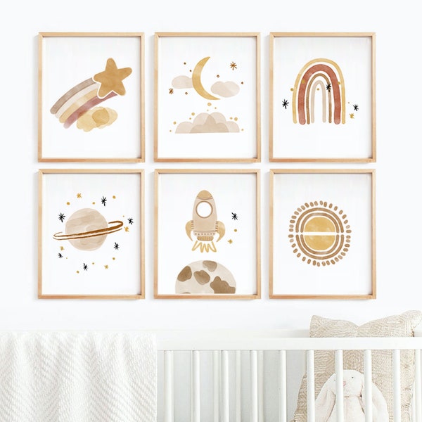 Neutral nursery print set, space prints,Gender neutral baby art, Nursery printable set, Nursery wall art, Nursery prints,Earthy tones,planet