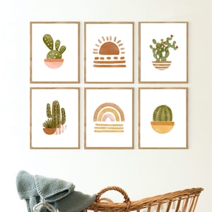 Decoración de guardería bohemia, sol arcoíris boho, láminas de cactus para guardería, decoración de guardería, juego de 6 láminas para guardería, arte mural de cactus, lámina artística de cactus, niños