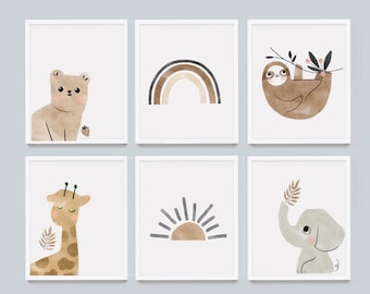 Nursery imprimibles -Decoración de vivero neutro - arte lindo de la pared del vivero - conjunto de arte del vivero - arte imprimible del vivero - conjunto de 6 carteles del animal - bebé