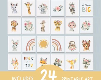 Láminas para habitación de niñas: Arte mural de animales arcoíris (juego de 24) (Descarga digital)
