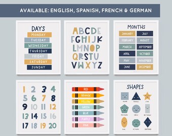 May include: Six educational wall art prints with white frames. The prints display days of the week, the alphabet, months of the year, numbers 1-20, colored crayons, and shapes. The color palette includes blue, yellow, orange, and green.
